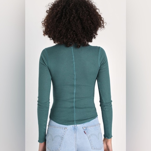 Free People One of the Girls Emerald Jaded Green Waffle Knit Henley Top - small - Picture 3 of 7